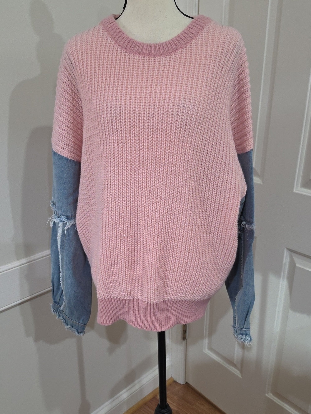 Shop Neighbor Denim Contrast Frayed Balloon Sleeve Knit Sweater - Size Medium